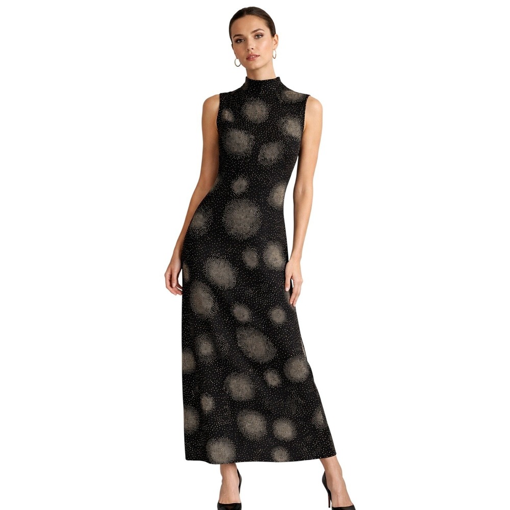 Carole Little Womens Maxi Dress 90s Black White Dot Burst Mock Neck Sleeveless 8